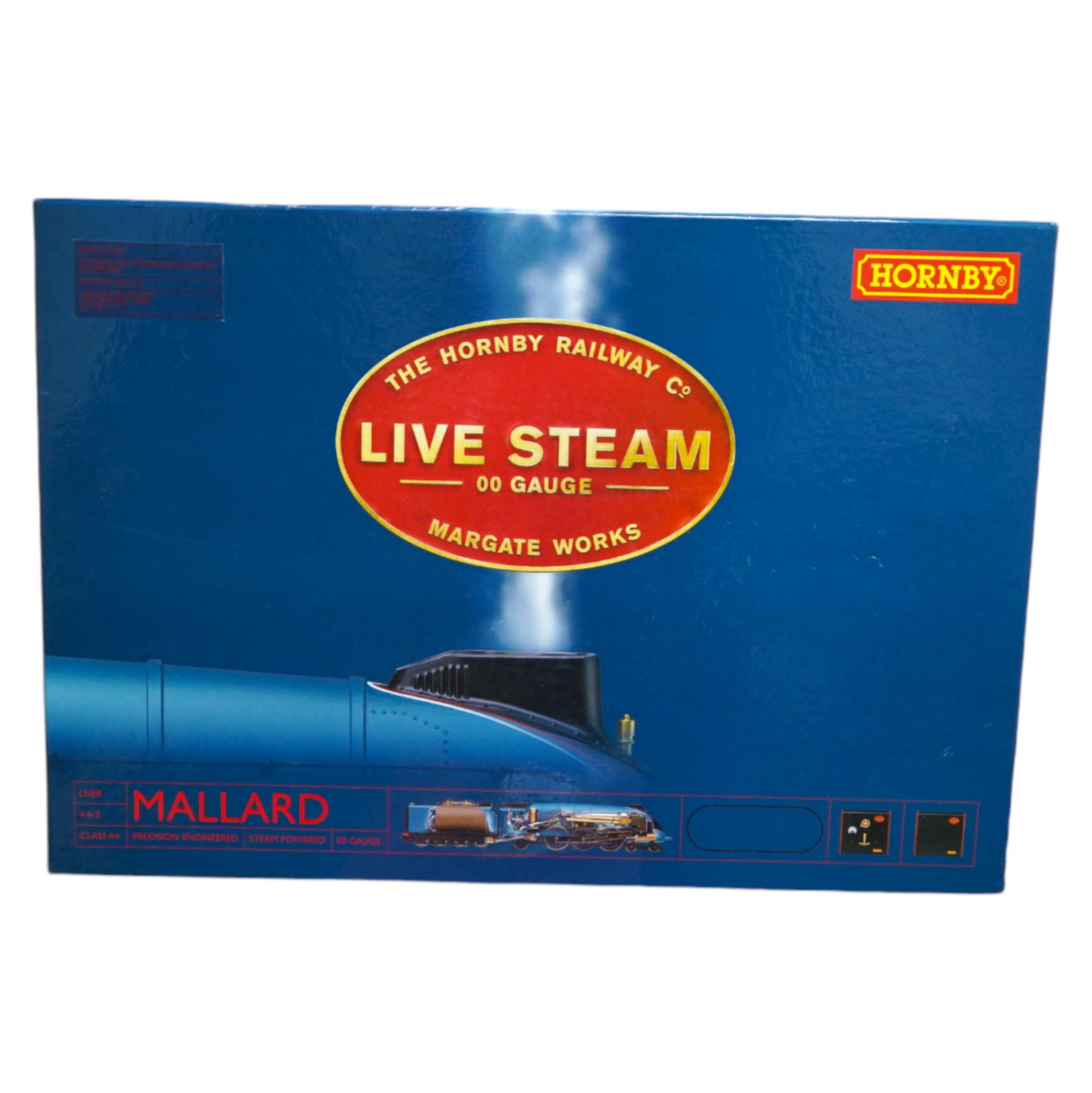 A boxed Hornby Hobbies 00 gauge railway live steam train set, comprising of an LNER Class A4 locomotive, Mallard, a quantity of track sections, controllers, and other accessories. Condition - good, appears unused with in